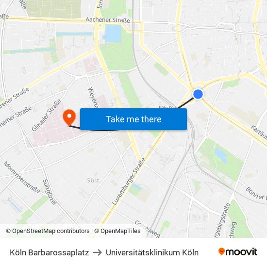 Köln Barbarossaplatz to Universitätsklinikum Köln map