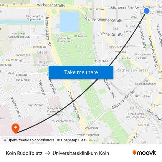 Köln Rudolfplatz to Universitätsklinikum Köln map