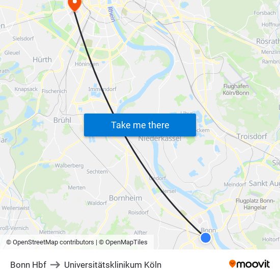 Bonn Hbf to Universitätsklinikum Köln map