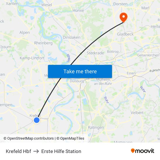 Krefeld Hbf to Erste Hilfe Station map