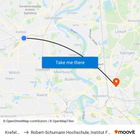 Krefeld Hbf to Robert-Schumann Hochschule, Institut Für Kirchenmusik map