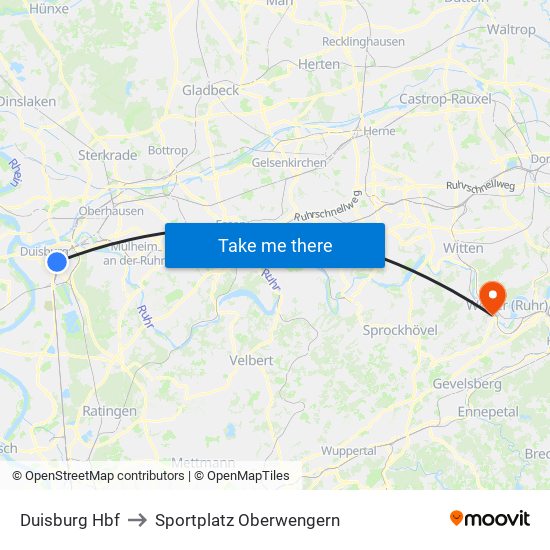 Duisburg Hbf to Sportplatz Oberwengern map