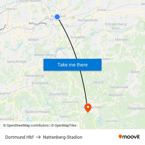 Dortmund Hbf to Nattenberg-Stadion map