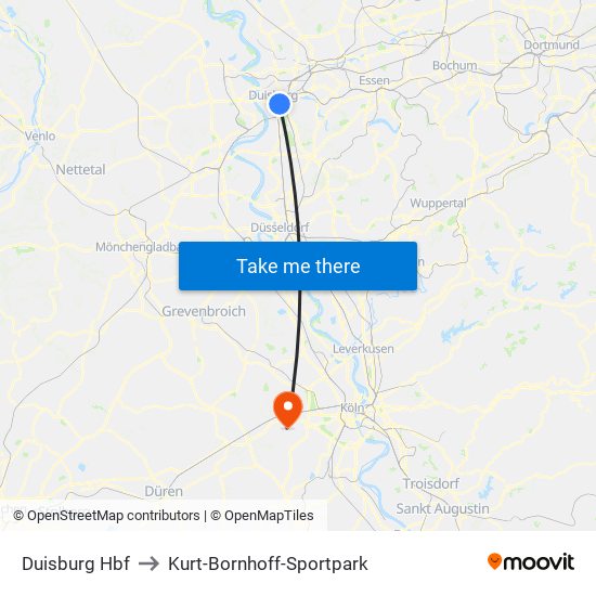 Duisburg Hbf to Kurt-Bornhoff-Sportpark map