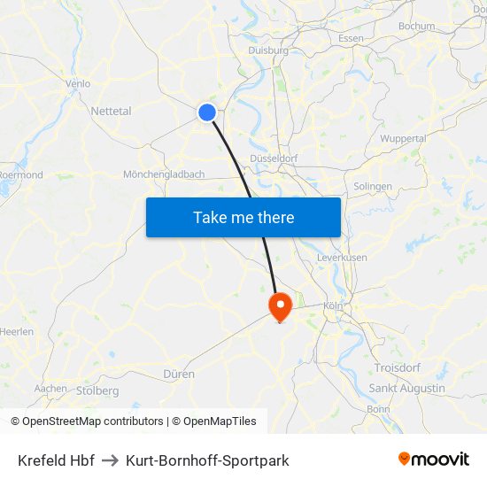 Krefeld Hbf to Kurt-Bornhoff-Sportpark map