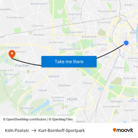 Köln Poststr. to Kurt-Bornhoff-Sportpark map