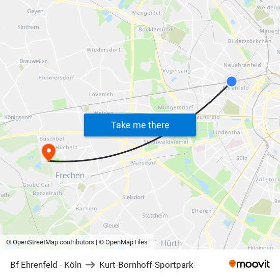 Bf Ehrenfeld - Köln to Kurt-Bornhoff-Sportpark map