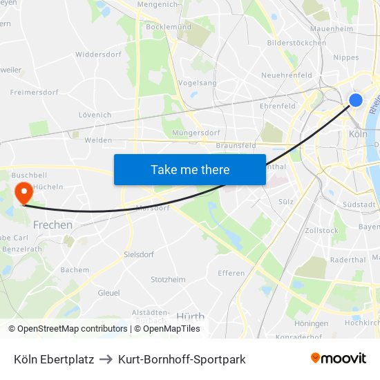 Köln Ebertplatz to Kurt-Bornhoff-Sportpark map