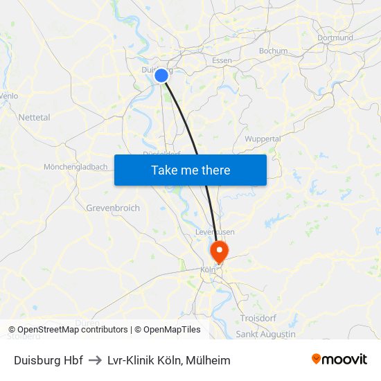 Duisburg Hbf to Lvr-Klinik Köln, Mülheim map