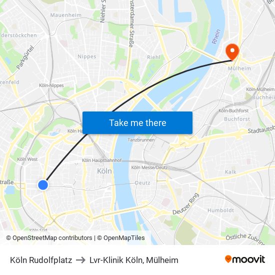 Köln Rudolfplatz to Lvr-Klinik Köln, Mülheim map