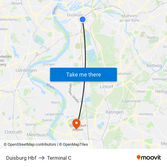 Duisburg Hbf to Terminal C map