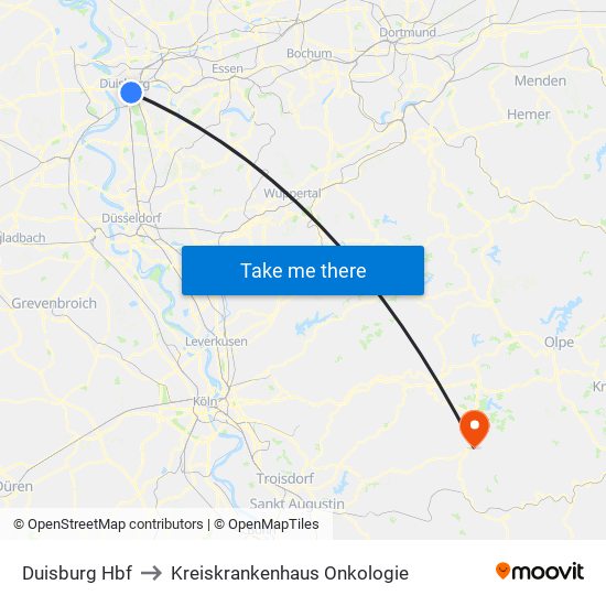 Duisburg Hbf to Kreiskrankenhaus Onkologie map