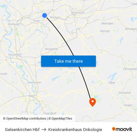 Gelsenkirchen Hbf to Kreiskrankenhaus Onkologie map