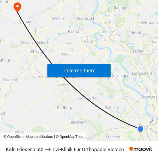 Köln Friesenplatz to Lvr-Klinik Für Orthopädie Viersen map