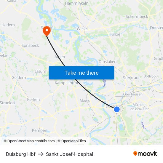 Duisburg Hbf to Sankt Josef-Hospital map