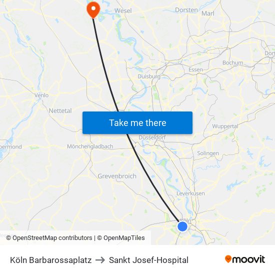 Köln Barbarossaplatz to Sankt Josef-Hospital map