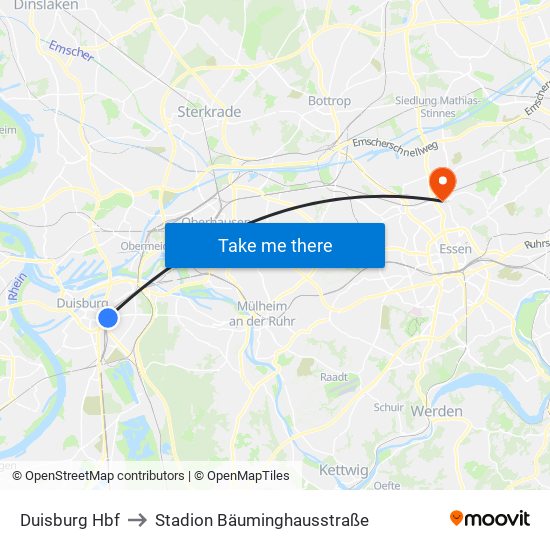 Duisburg Hbf to Stadion Bäuminghausstraße map