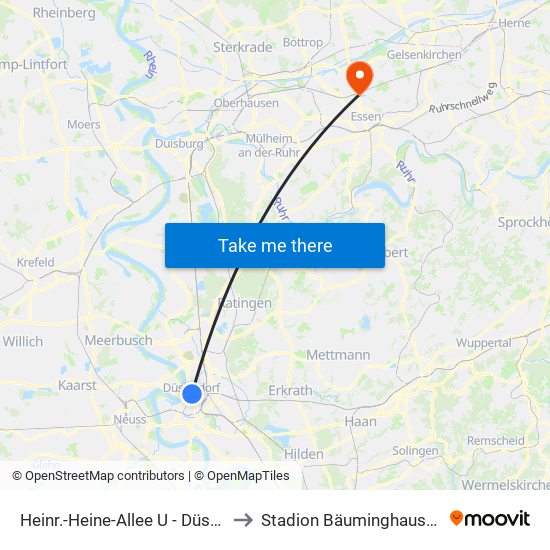 Heinr.-Heine-Allee U - Düsseldorf to Stadion Bäuminghausstraße map