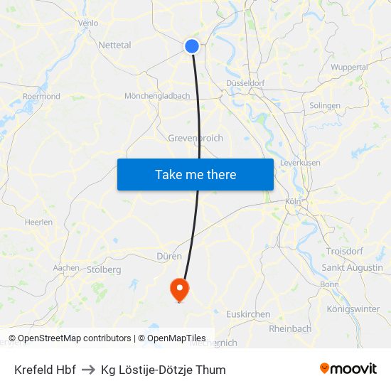 Krefeld Hbf to Kg Löstije-Dötzje Thum map