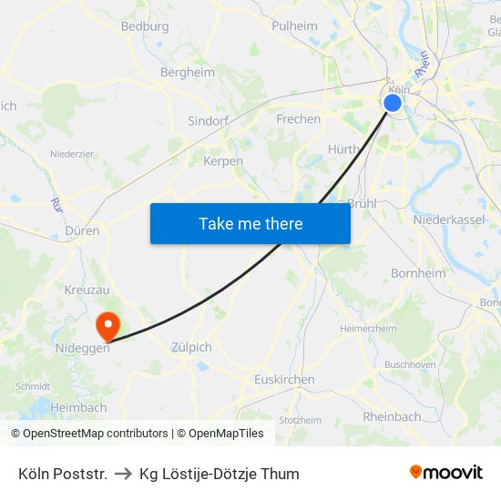 Köln Poststr. to Kg Löstije-Dötzje Thum map