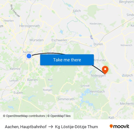 Aachen, Hauptbahnhof to Kg Löstije-Dötzje Thum map