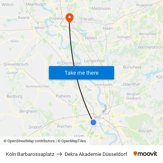 Köln Barbarossaplatz to Dekra Akademie Düsseldorf map