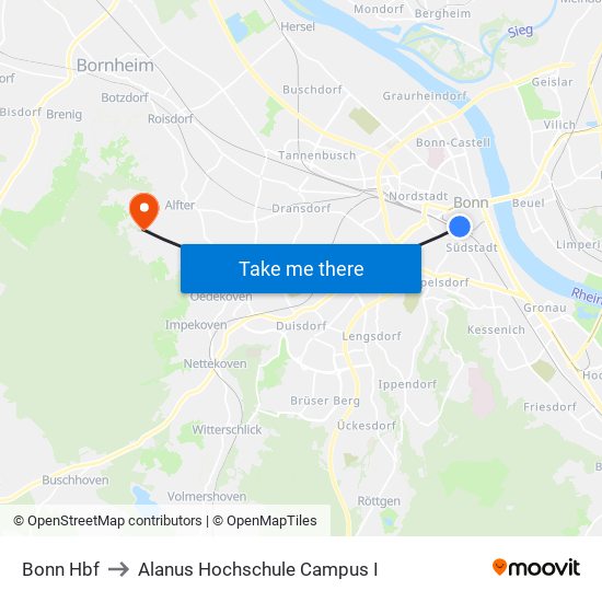 Bonn Hbf to Alanus Hochschule Campus I map