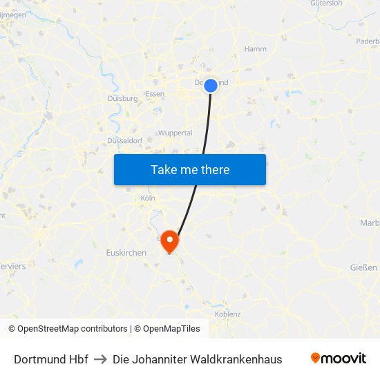 Dortmund Hbf to Die Johanniter Waldkrankenhaus map