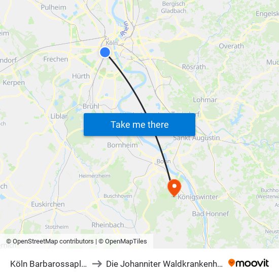 Köln Barbarossaplatz to Die Johanniter Waldkrankenhaus map
