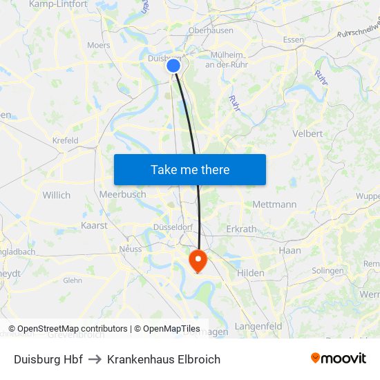 Duisburg Hbf to Krankenhaus Elbroich map