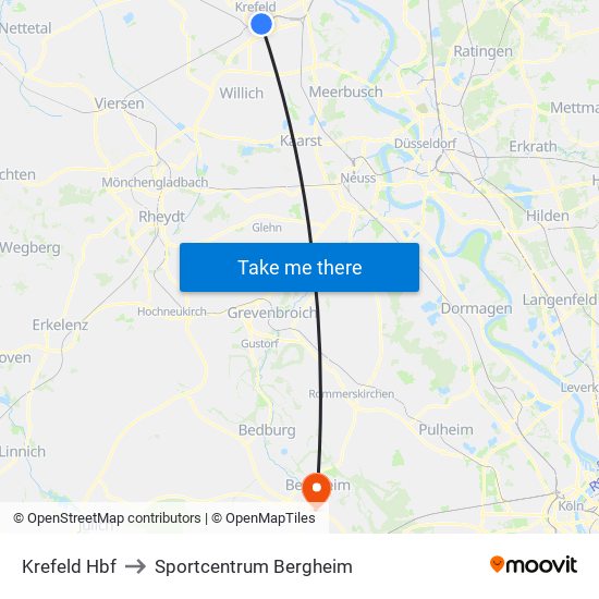 Krefeld Hbf to Sportcentrum Bergheim map