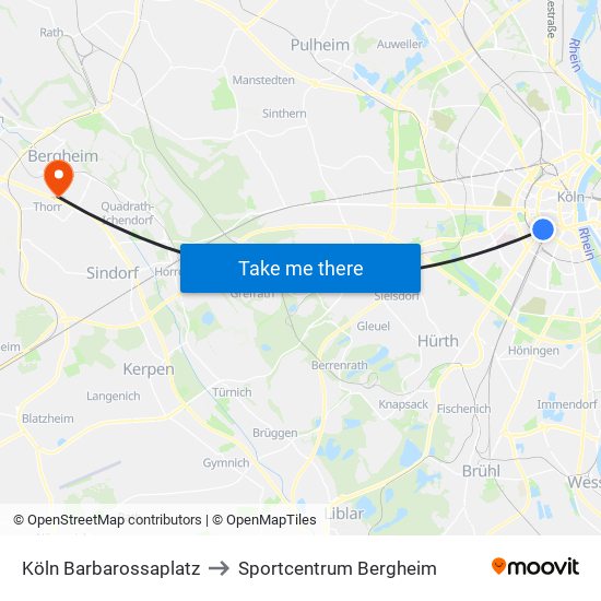 Köln Barbarossaplatz to Sportcentrum Bergheim map