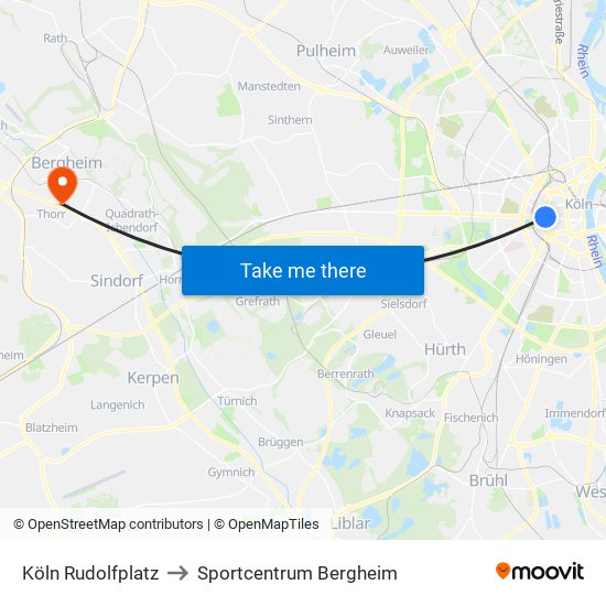 Köln Rudolfplatz to Sportcentrum Bergheim map