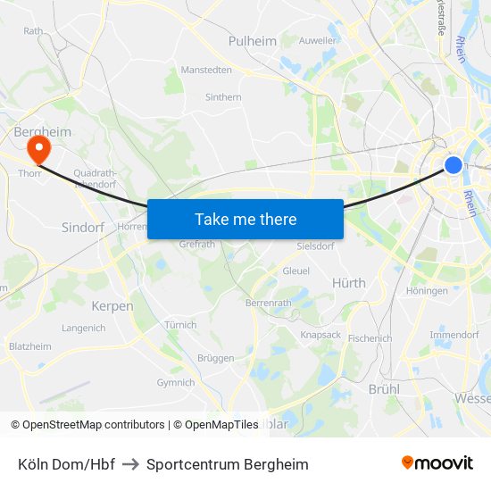 Köln Dom/Hbf to Sportcentrum Bergheim map