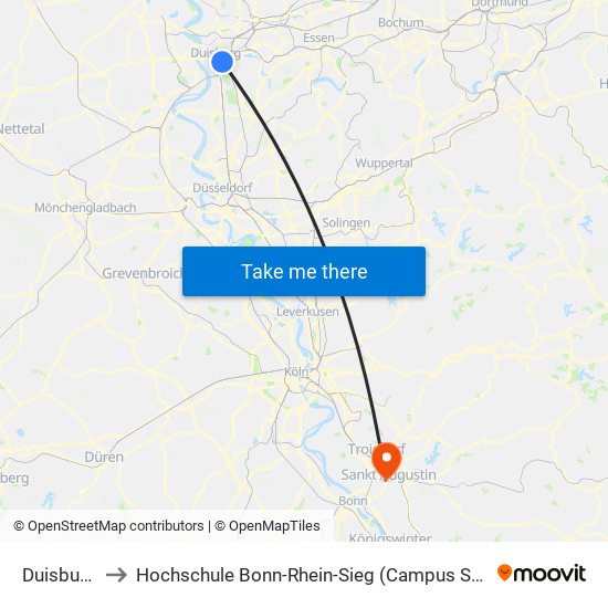 Duisburg Hbf to Hochschule Bonn-Rhein-Sieg (Campus Sankt Augustin) (H-Brs) map