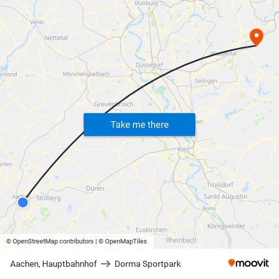 Aachen, Hauptbahnhof to Dorma Sportpark map