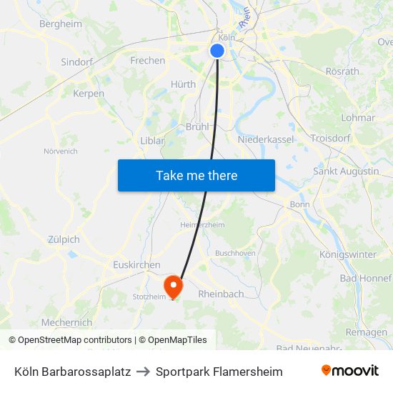 Köln Barbarossaplatz to Sportpark Flamersheim map