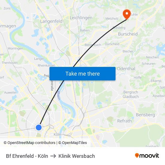 Bf Ehrenfeld - Köln to Klinik Wersbach map