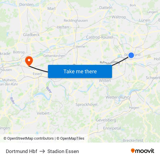 Dortmund Hbf to Stadion Essen map