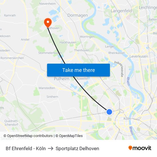 Bf Ehrenfeld - Köln to Sportplatz Delhoven map