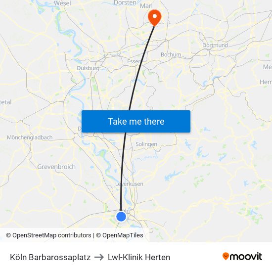 Köln Barbarossaplatz to Lwl-Klinik Herten map