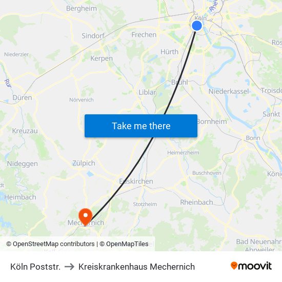 Köln Poststr. to Kreiskrankenhaus Mechernich map