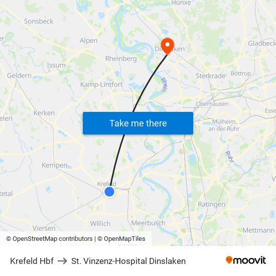 Krefeld Hbf to St. Vinzenz-Hospital Dinslaken map
