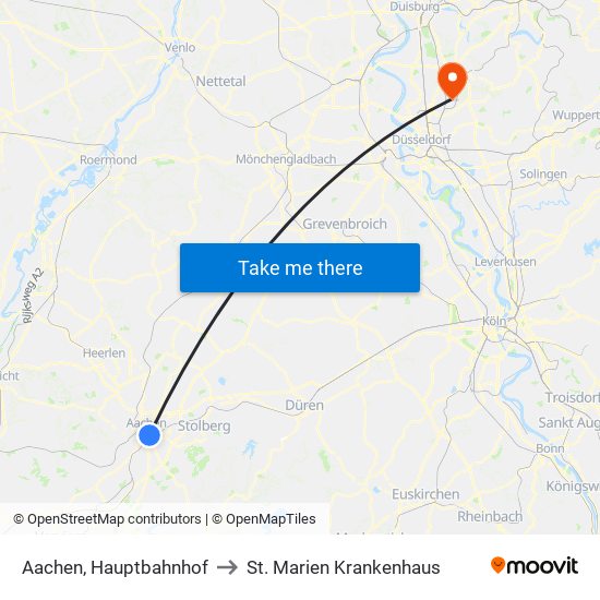 Aachen, Hauptbahnhof to St. Marien Krankenhaus map