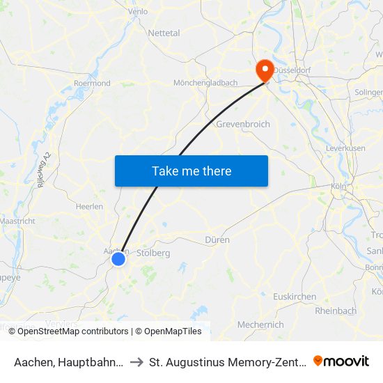 Aachen, Hauptbahnhof to St. Augustinus Memory-Zentrum map