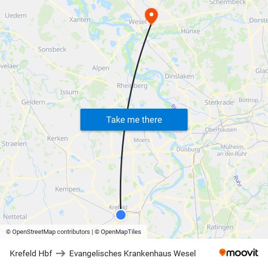 Krefeld Hbf to Evangelisches Krankenhaus Wesel map