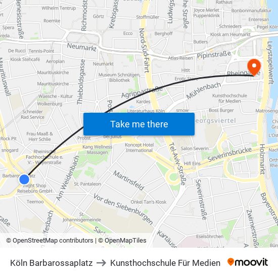 Köln Barbarossaplatz to Kunsthochschule Für Medien map