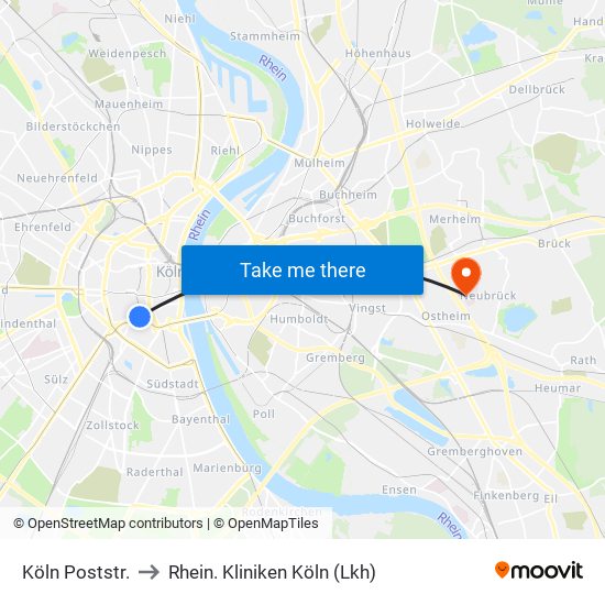 Köln Poststr. to Rhein. Kliniken Köln (Lkh) map
