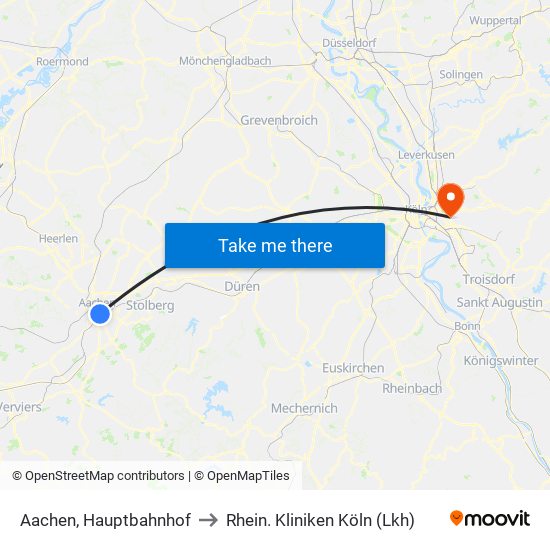 Aachen, Hauptbahnhof to Rhein. Kliniken Köln (Lkh) map