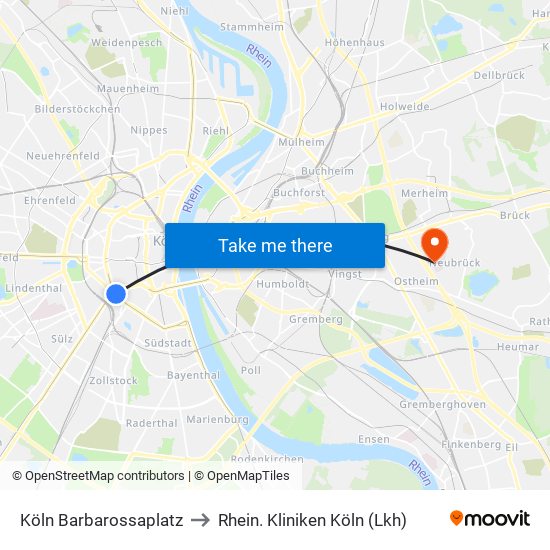 Köln Barbarossaplatz to Rhein. Kliniken Köln (Lkh) map